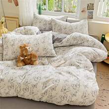 4 Peças Conjunto de Roupa de Cama (1 peça Capa de Edredon, 1 peça Lençol, 2 peças Fronhas Sem Enchimento), Conjunto de Roupa de Cama Macio e Aconchegante, Capa de Edredom Impressa em Padrão Floral Fofo, Opções de Tamanho Múltiplas, Destacável e Lavável, Adequado para Quarto e Hotel, Todas as Estações