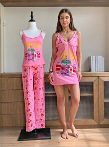 3 pzas Conjunto de pijama de mujer con estampado de dibujos animados Blusa, Vestido de tirantes y Pantalón