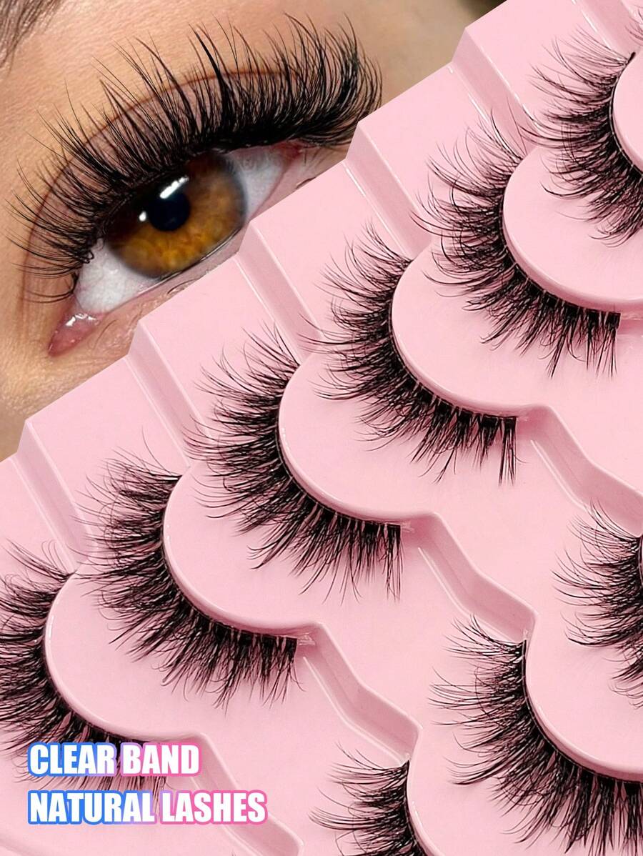 Asiteo 7对装自然款假睫毛 - 透明睫毛柄，轻盈蓬松，舒适可重复使用，打造迷人双眸，戏剧性大眼效果，条状假睫毛，睫毛，假睫毛