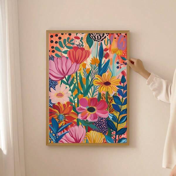 1 pieza Obra de arte de pared con flores silvestres botánicas rosadas, impresiones en lienzo de flores rosas y azules, pinturas al óleo, póster floral colorido para decoración de dormitorio, sala de estar, dormitorio, decoración de granja, sin marco o con marco