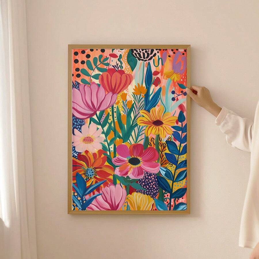 1pc Pink Floral Wall Art, Botanical Canvas Oil Painting, Pastel Blue Flower Poster, Colorful, Suitable For Bedroom, Living Room, Dorm, Farmhouse Decor, Framed Or Unframed - Multicolor - View 1