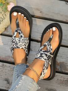 Wide Fit Yoga Shoes Women's Platform Espadrilles Slippers, Lightweight Open Toe Non Slip Beach Slides Shoes, Casual Outdoor Sandals Leopard Print Flip Flops