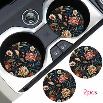 2 piezas Posavasos de coche con estampado de flores, alfombrilla de coche con secado rápido y antideslizante de estilo elegante