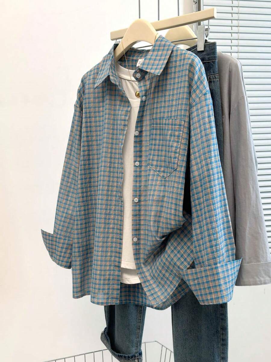 YUXIN 女士格子领纽扣前襟长袖落肩长衬衫，带口袋