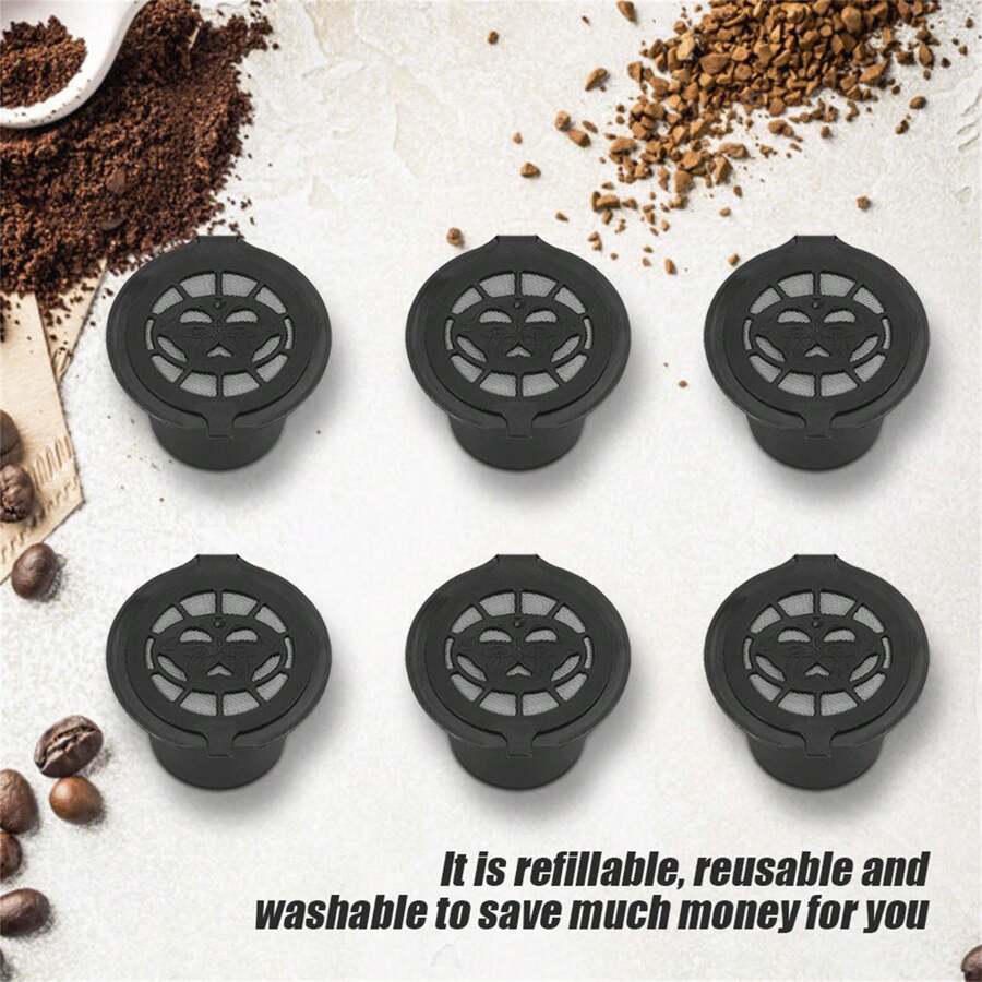 6 Plastic And Stainless Steel Refillable Coffee Capsule Filter Basket Replacements, Cup Filters, Reusable Capsules, Refill Design - Black - View 1