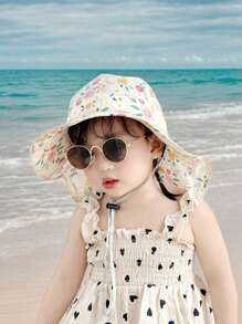 1 pieza Nuevo sombrero de sol con estampado floral pequeño para niña, ajustable, con correa a prueba de viento y malla transpirable, sombrero de playa de verano con pañuelo para niños