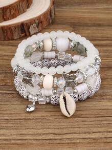 4 Peças Conjunto de Pulseira com Contas de Vidro, Contas de Madeira e Pingente de Concha em Estilo Boho para Praia e Férias, Joia Casual e Versátil para Mulheres