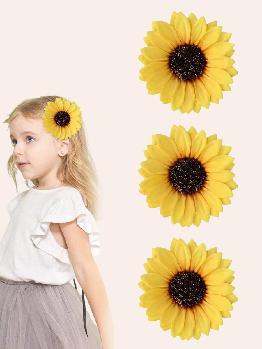 3Pcs Girls Yellow Sunflower Beach Hair Clips & Hawaiian Hair Accessories For Wedding & Party Beach Vacation- Hair Clip & Decorative Hair Clips For Girls
