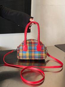 1pc Handtas (Groot/Klein) Amerikaanse Retro Niche Messenger Bag Plaid Contrast Kleur Hand-Held Bowling Bag Schoudertas, Koreaanse Stijl Veelzijdig, Schouderband Casual en Comfortabel, Glad en Lang Veelzijdig, Geschikt voor Dagelijkse Boodschappen en Reizen van Meisjes