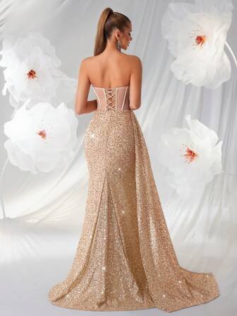 ADYCE Sequin Off-Shoulder Hollow Fishbone Pattern Formal Dress, High-Waist Pleated Design, Decorated With Satin Ribbon Slit, Open Back Lace-Up, Suitable For Cocktail Party, Gala, Wedding Guest, Formal Occasion, Graduation Ceremony And Date Night