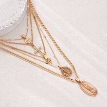 5pcs/Set European & American Cross & Lotus Style Vintage Gold-Tone Zinc Alloy Palm Tree & Virgin Mary Pendant Necklace Set, Multilayer Necklace Creative Personalized Accessory For Daily Wear