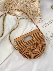 1pc Fashionable Unique Niche Asymmetrical Shaped Bag, Bamboo Woven Bag, Mini Beach Bag, Hollow Design, Interesting Gift, Personalized Strap, Asymmetrical Handheld, Daily Use, Beach Holiday, Shoulder Bag Crossbody, Beaded Long Strap, Women Handbag - Khaki - View 4