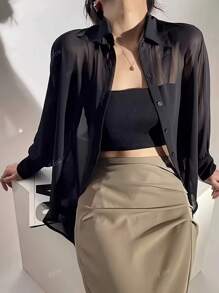 ELVA Back To School Black Solid Color Sheer Long Sleeve Shirt, Minimalist Fashion, Suitable For Summer