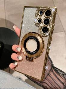 1pc Luxury Plating Gradient Glitter Diamond Stand Holder Phone Case Compatible With Samsung S24 S25 Ultra S24 Plus S23 Ultra S22 Ultra S23 A15 A55 Wireless Charging Camera Protective Shockproof Cover
