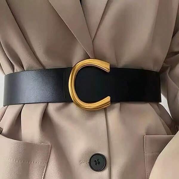 1pc Fashion C-Buckle Waist Belt, Black Color, Novel Design, Suitable For Dress & Skirt, High-End Solid Color
