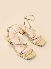 Wide Fit Women Simple Style Summer New Criss-Cross Open Toe Versatile Square Toe Charming Vacation Party High Heels