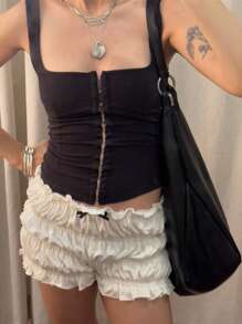 Women Ruched Mini Shorts Low Waist Ruffle Frill Bloomers Lounge Pants Pajamas Shorts Smocked Micro Shorts Sleepwear - White - View 9