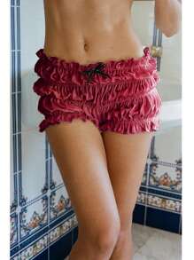 Women Ruched Mini Shorts Low Waist Ruffle Frill Bloomers Lounge Pants Pajamas Shorts Smocked Micro Shorts Sleepwear - 紅色 - 查看 2