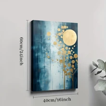 1pc Framed Canvas Poster, Blue - And - Gold - Moon - Tree - Abstract Wall Art Canvas Paintings, Ideal Gift For Bedroom Living Room Corridor, Wall Art, Room Decoration