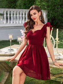 UNITHORSE Asymmetrical Collar Lace Sleeve Pleated Flared Short Dress, Simple Wedding Party Formal Gown,Bridesmaid Dress