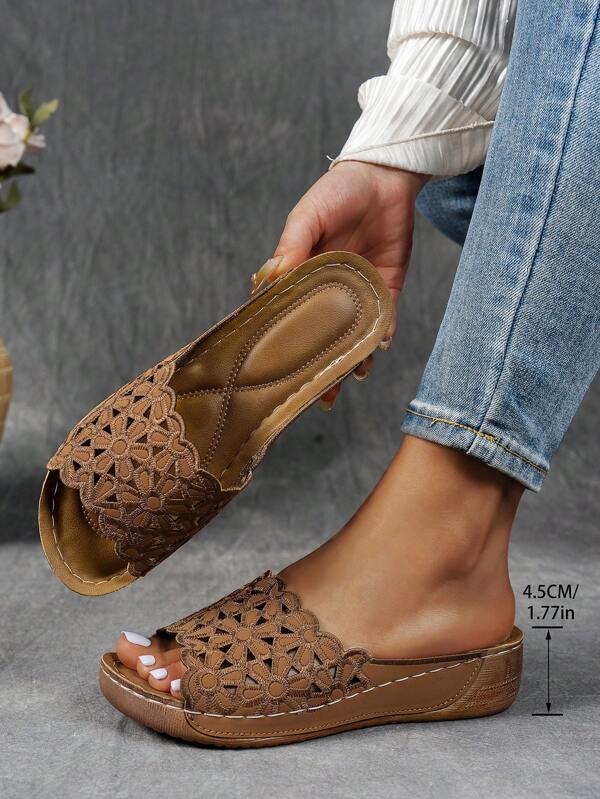 Women's Exported Cross-Stitched Metal Buckle Wedge Strap Sandals, Thick Sole Hollow Out Beach Slippers, Plus Size Wedge Platform Sandals