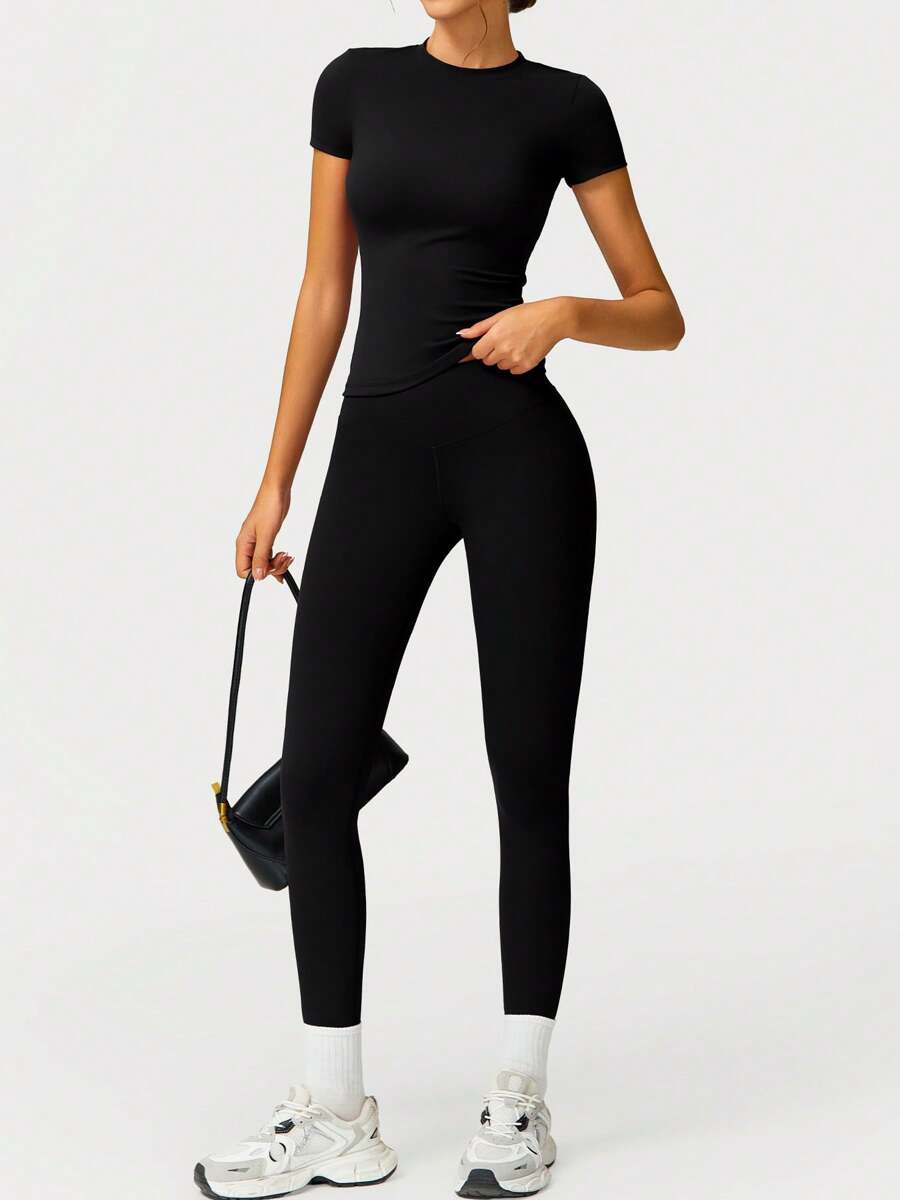 2pcs/Set Women's Soft Moisture-Wicking Crew Neck Short Sleeve Top And Stretchy Yoga Pants Black Summer Sports - 黑色 - 查看 1
