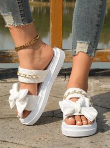 Women Summer New Striped Chain Bowknot Decor Flat Beach Sandals