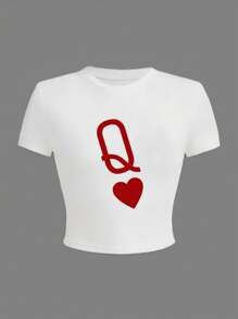 Q Of Hearts Pattern Women Short Sleeve Round Neck Crop Slim Fit T-Shirts,For Spring Summer,Casual Vacation Simple Office Street Style - White - View 3