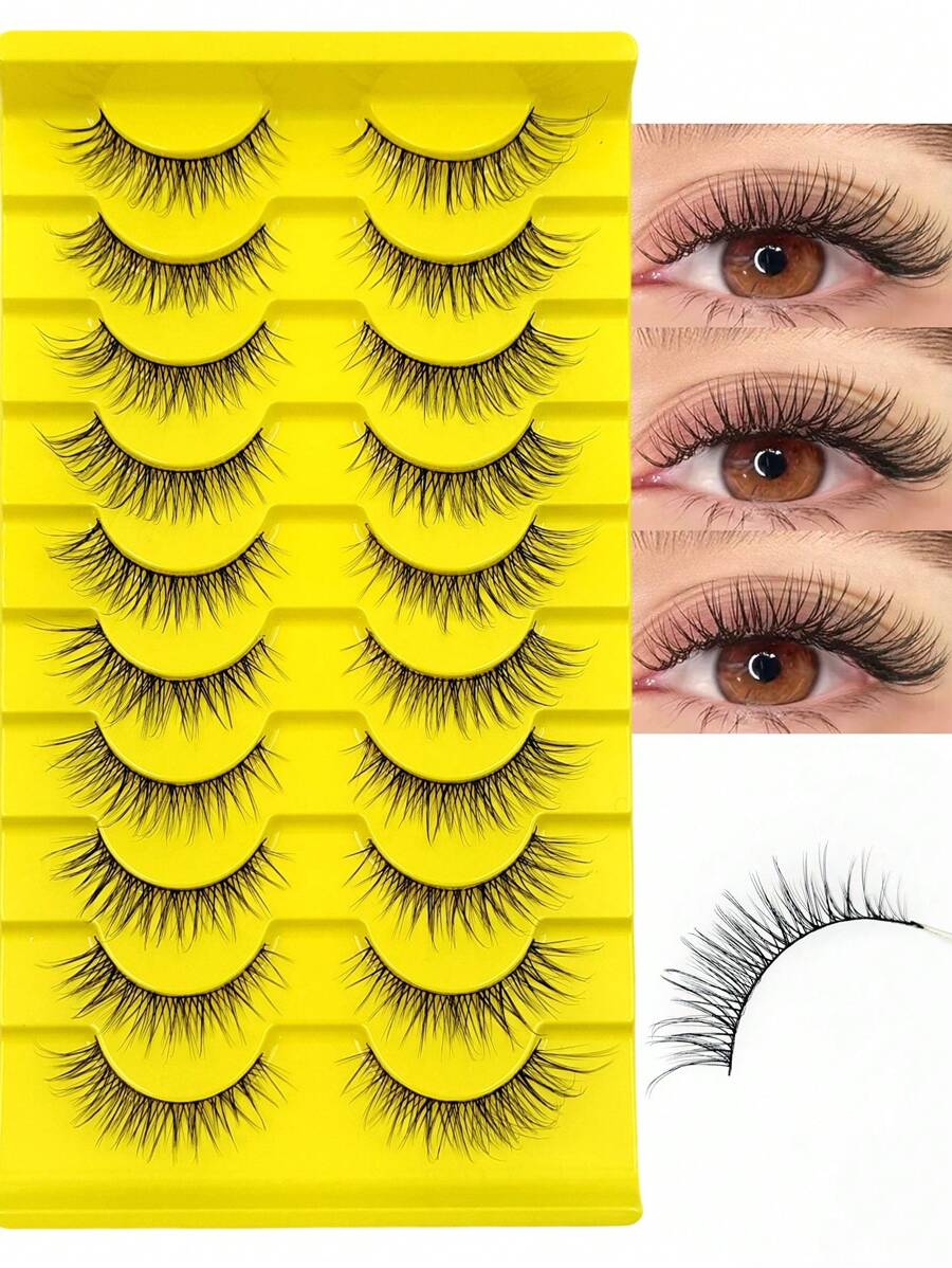 Asiteo 10对自然妆效假睫毛，柔软3D仿貂毛睫毛，可重复使用，适合日常妆容 - 自然纖長款 - 查看 1