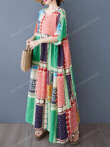 Tops, Women's Plus-Size Casual Elegant Dress, Boho Resort Beach Dress, New Summer 2025 Crew-Neck Short Sleeve Loose Skirt, Random Print