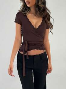 Women's Long Bandage Hem Tops Summer Deep V Neck Short Sleeve Lace Trim Slim Tees - Brown - View 3