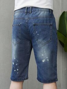 Quần short denim dài vừa phải dáng ôm thẳng rách rưới cỡ lớn dành cho nam - Rửa trung bình - Xem 10