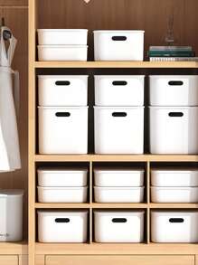 1 pieza Caja de almacenamiento de plástico blanco para organizar ropa, ropa interior, calcetines y otros artículos en armario, sala de estar, cocina, oficina, dormitorio, a prueba de polvo y humedad (tapa incluida, sin pegatinas)