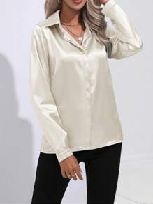 Women's Elegant Lapel Single-Breasted Faux Silk Satin Long Sleeve Blouse - Màu be - Xem 3