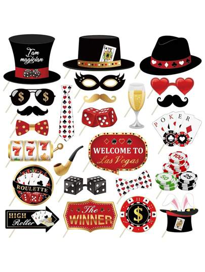 25件套拉斯维加斯赌场主题拍照道具，趣味DIY扑克主题自拍配件套装，适合夜间派对装饰和派对礼品