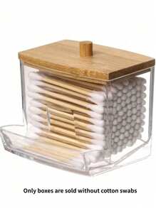 1 pieza Soporte acrílico para hisopos con tapa de bambú, dispensador pequeño transparente para hisopos, soporte plástico para palillos para los oídos, recipiente de almacenamiento para mondadientes, organizador decorativo de encimera para baño
