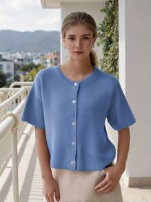 Women's Solid Color Cardigan Short Sleeve Round Neck Button Down Sweater Knit Tops - Azul - Ver 3