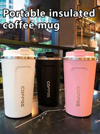 1pc 380ml/510ml Stainless Steel Leak-Proof Vacuum Insulated Travel Mug, Elegant Design, Suitable For Outdoor Travel, Coffee, Tea, Milk, With Lid Back To School