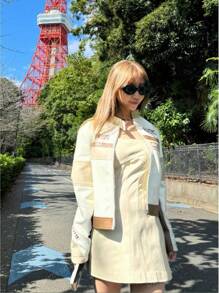 OUTTA BOX Women's Long Sleeve Zip Up Collared Patchwork Letter Embroidery PU Motorcycle Jacket