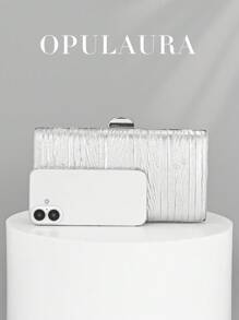 OpulAura 复古奢华手拿包，金色皮革褶皱设计时尚晚宴包，优雅正式派对钱包配链条，适合派对、婚礼和正式场合 - 銀色 - 查看 3