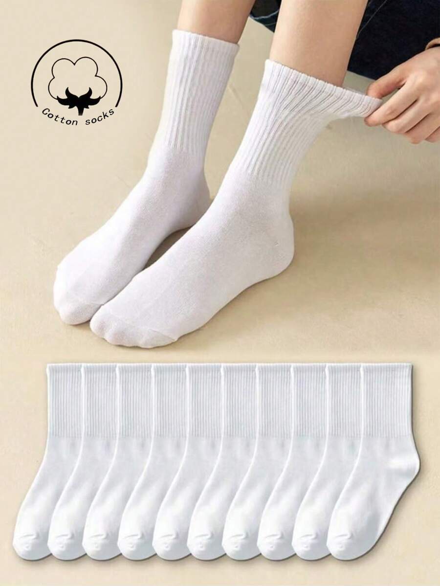 1 Đôi/3 Đôi/5 Đôi/10 Đôi Tất dài đến bắp chân màu trơn cho nữ, chất liệu cotton thoáng khí, mềm mại và thoải mái, thích hợp để mặc hàng ngày, ở nhà, văn phòng, trường học, thể thao, đen trắng, mùa thu - trắng - Xem 1