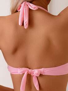 Women's Pink Textured Heart Decor Halter Bikini Two-Pieces Swimwear Set, For Summer Beach Vacation - Pink - View 5