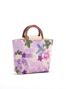 1pc Purple PVC Sequin Floral Embroidery Net Tote Bag, Chic Small Square Handbag, Fashionable & Versatile - Multicolor - View 2