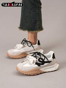 Women's Color Block Lace Up Sports Shoes, Fashionable Lightweight Casual Comfortable Slip-On Flat Shoes, Outdoor Comfortable Running Sneakers - Beige - View 6