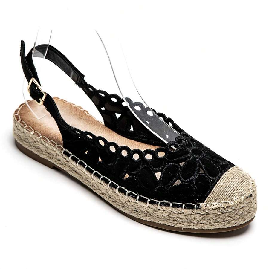 Floral Lace Espadrille Sandals – Elegance And Comfort For Summer - Black - View 1