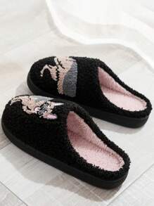 New Autumn/Winter Dog, Panda Drinking Coffee, Butterfly Thermal Lined Thick Slippers, Flat Couple House Shoes, Warm Knit Indoor Slippers, Home Slippers, Postpartum Slippers - Black - View 6