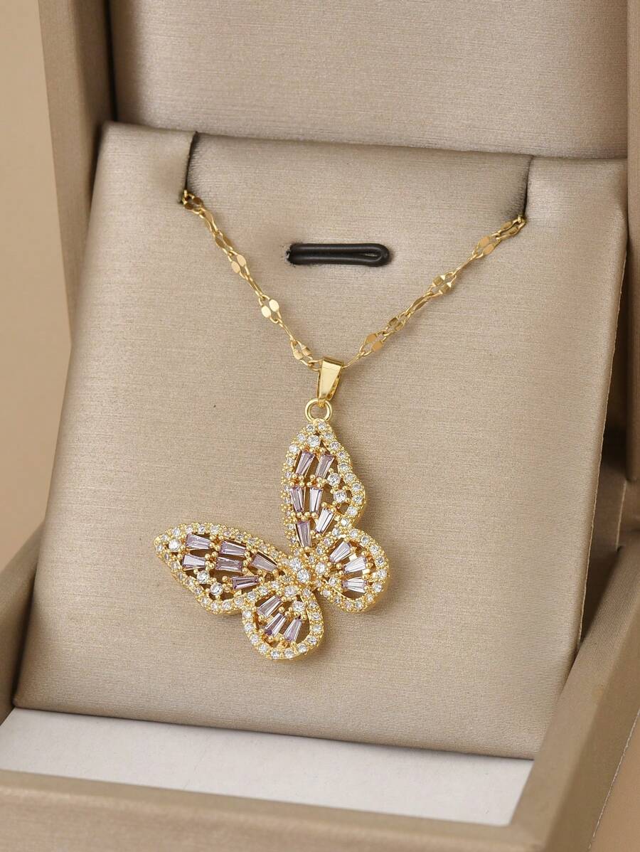 1 pieza Collar de mariposa de acero inoxidable con circonita, regalo de lujo para mujeres (mezcla asimétrica de rhinestones) - Amarillo Oro - Ver 1