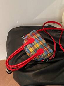 1pc Handtas (Groot/Klein) Amerikaanse Retro Niche Messenger Bag Plaid Contrast Kleur Hand-Held Bowling Bag Schoudertas, Koreaanse Stijl Veelzijdig, Schouderband Casual en Comfortabel, Glad en Lang Veelzijdig, Geschikt voor Dagelijkse Boodschappen en Reizen van Meisjes