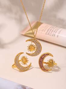 MiDuoDuo 2 件套不锈钢星星和月亮吊坠项链和戒指套装，女士简约日常珠宝