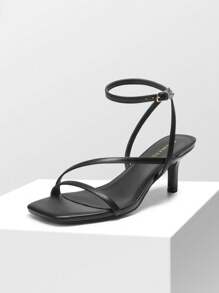 Women Minimalist Low Kitten Heeled Sandals Open Square Toe Ankle Strap Sexy Dress Shoes For Autumn Wedding Party Prom Wearing - 黑色 - 查看 1